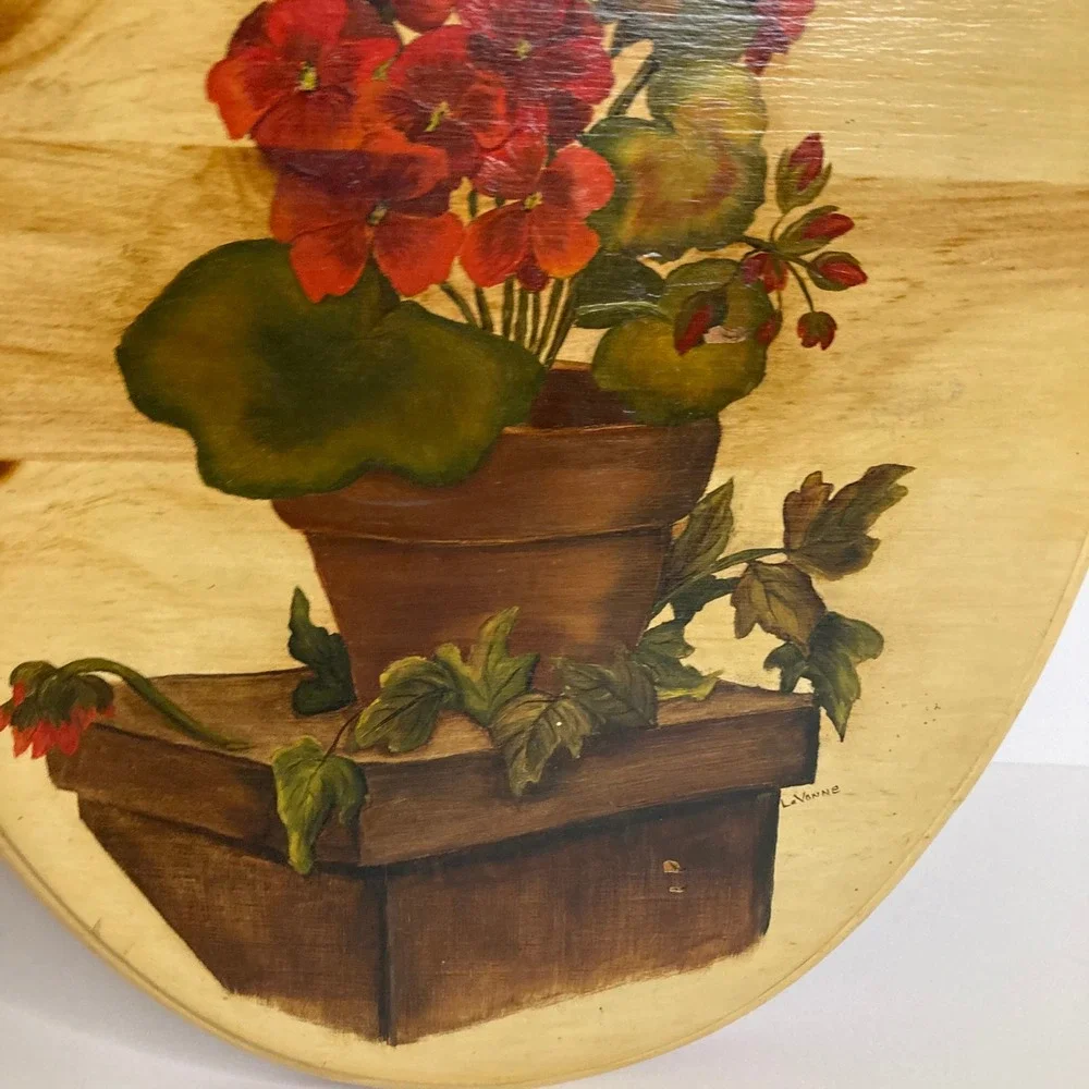 Vintage Hand Painted Oval Wood Wall Art Geranium Flower Butterfly LaVonne Signed